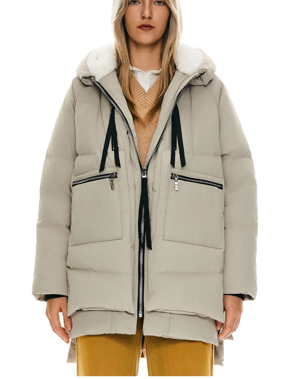 Women's Hooded Puffer Coat in Light Beige with Faux-Sherpa Trim